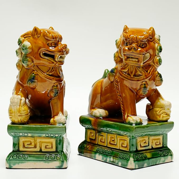 Sancai Ceramic Foo Dogs, Pair of Tang Dynasty Feng Shui Guardian Lions, Handcrafted Statues for Home and Office Decor,Beige,5.12 * 7.48in
