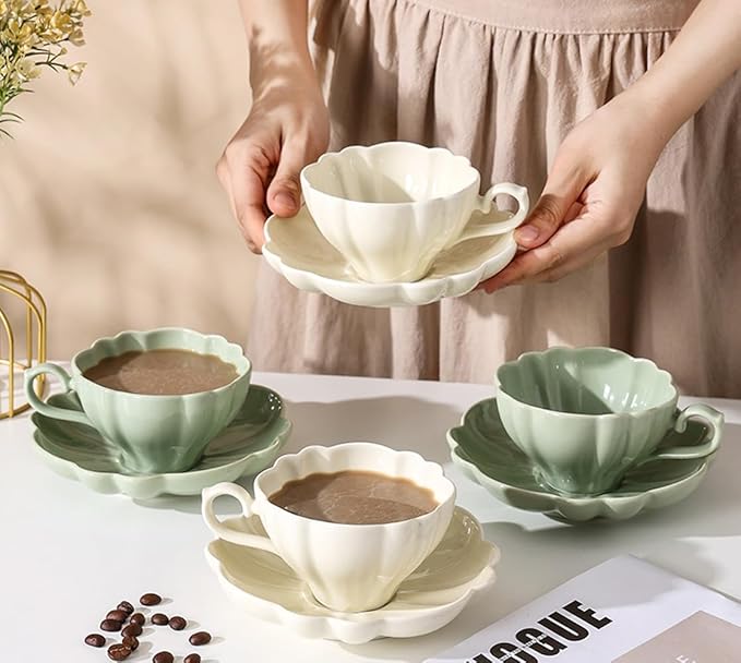 Flower Shaped Ceramic Coffee Cup Teacup with Saucer, Set of 2-Green