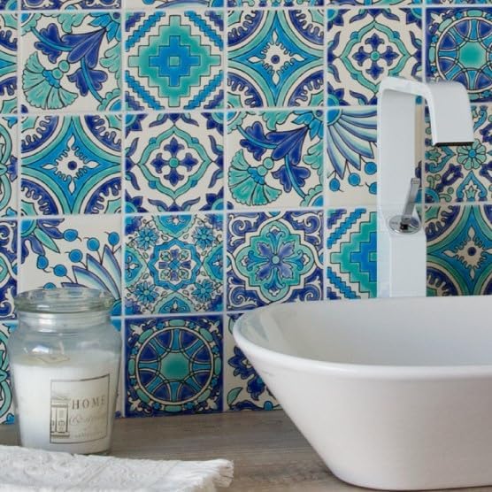 DYARI Set of 9 Decorative Ceramic Tiles – Hand Painted Indoor & Outdoor – Artisan Top Kitchen – Mediterranean Decorative 4x4 / One Tile Durable Colorful (Turquoise & Blue, 9 Tiles (1 Sq Ft))