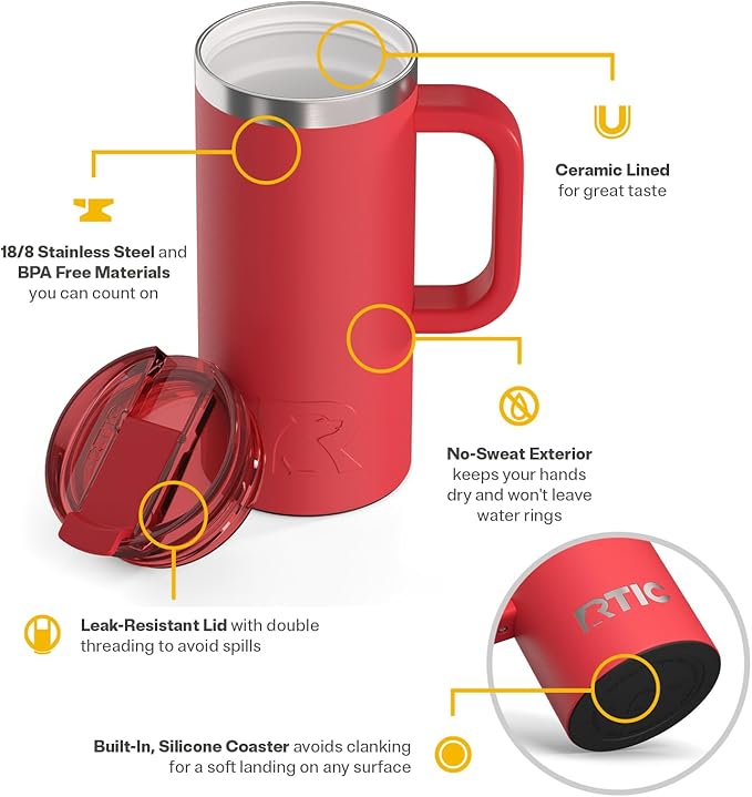 RTIC 16oz Road Trip Travel Mug with Lid and Handle, Ceramic Lined, Insulated, Stainless Steel, Metal, Double Wall Vacuum-Insulation, Portable Coffee, Tea Cup for Hot and Cold Drink, Flag Red