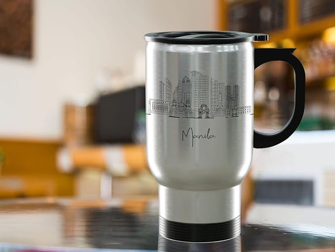 Manila Skyline Steel Mug, Asia Skyline 14oz Travel Mug with Handle & Lid Custom Travel Tumblers, Gift For Birthday, Spill Resistant Tumblers for Women, Personalized Tumbler