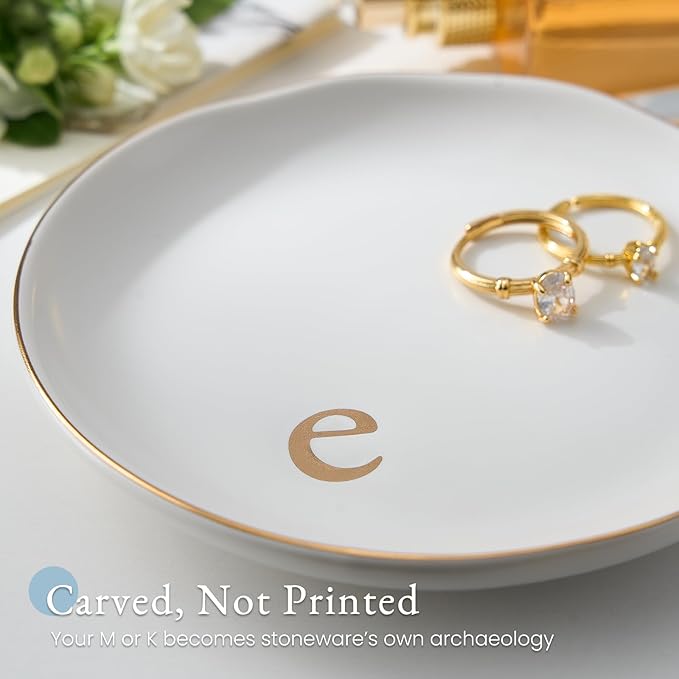 Lolalet Handmade Ceramic Ring Dish Jewelry Tray Plate with Initial, Small Monogram Gift for Her Women Girls Mother, Hostess, Engagement, Bridal Shower, Maid of Honor, Bridesmaid, Birthday, Christmas