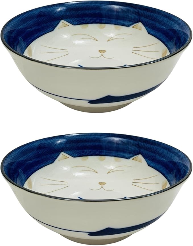 JapanBargain Set of 2 Japanese Porcelain Bowls, Large 7.5 Inch Ramen Udon Noodle Rice Soup Pho Poke Cereal Bowl, Maneki Neko Smiling Lucky Cat Pattern, Blue, Made in Japan