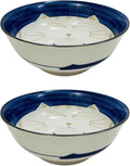 JapanBargain Set of 2 Japanese Porcelain Bowls, Large 7.5 Inch Ramen Udon Noodle Rice Soup Pho Poke Cereal Bowl, Maneki Neko Smiling Lucky Cat Pattern, Blue, Made in Japan