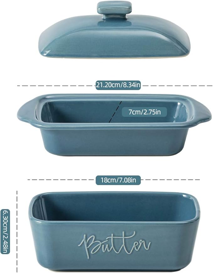FE Butter Dish, 10 oz Ceramic Butter Keeper with Water Line, French Butter Dish with Lid for Countertop (Blue)
