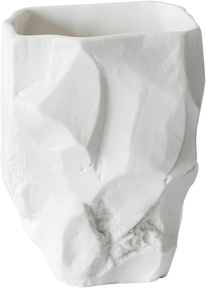 Hand-Sculpted Stone-Look Ceramic Toothbrush Holder, Matte White Tumbler for Bathroom Countertop, Natural Pen Holder or Makeup Brush Organizer