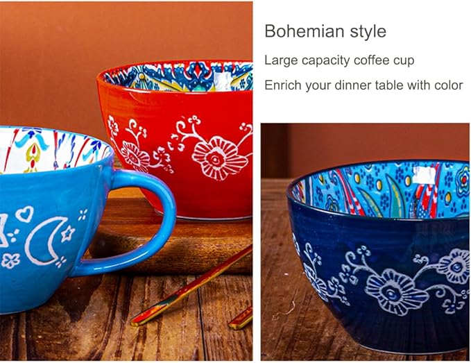 Bohemian Hand-Painted Ceramic Mug, 15 Oz Large Coffee Cup for Milk, Tea, and Breakfast, Dishwasher & Microwave Safe Artisan Cup, Green-M