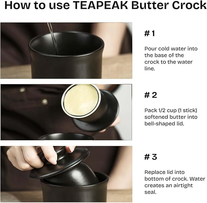 Stoneware Butter Crock with Lid, Ceramic Butter Dish with Water Line, Countertop Butter Keeper, Butter Holder for Countertop, Black