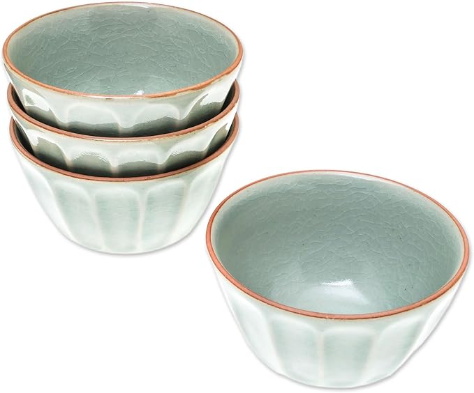 NOVICA Artisan Handmade Celadon Ceramic Bowls from Thailand Set of 4 Green Tableware Dinnerware [ 2.8in H x 4.7in Diam. 10 Oz.] ' Simple Thai' Set of 4