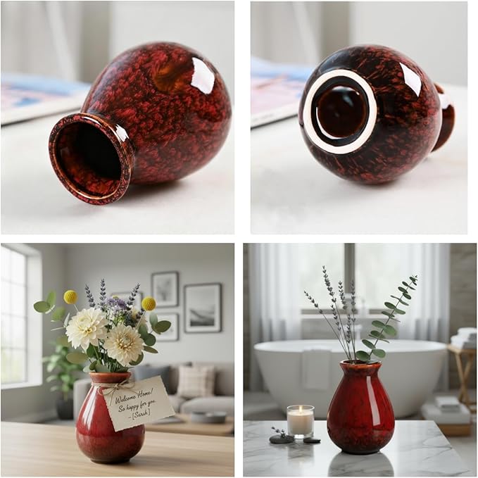 Okllen Set of 4 Ceramic Flower Vases Farmhouse Decor, Boho Decor, Red and Yellow Reactive Glazed Color Small Flower Vases, Centerpiece Table Decorations, Decorative Ceramic Vase for Home, Living Room