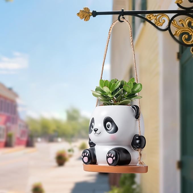 Swing Panda Hanging Planters for Indoor Plants, Cute Succulent Pots with Drainage Hole, Small Hanging Flower Pots Outdoor, Panda Gifts for Plant Lovers (Girl-Pink)
