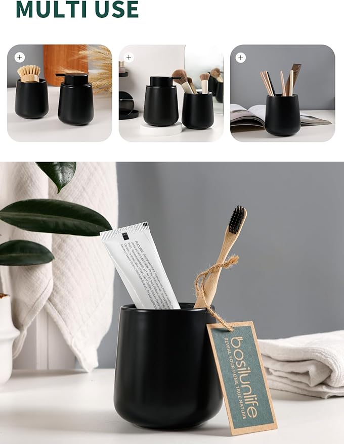 Bosilunlife Soap and Toothbrush Holder Set - Ceramic Bathroom Accessories Set Black Liquid Hand Soap Dispenser Set for Bathroom Toothbrush Holder and Soap Dispenser Set