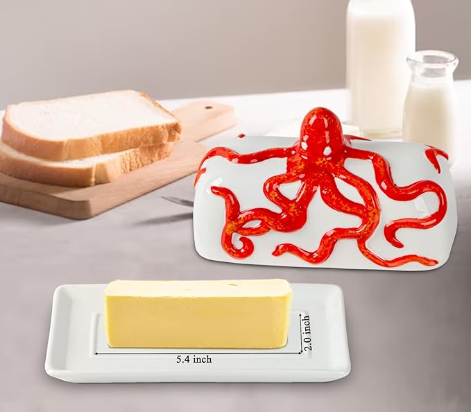 Octopus Butter Dish With Lid For Countertop Ceramic Butter Dish With Cover Red Butter Tray With Lid Butter Holder Large Butter Container For Counter
