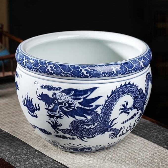 Ceramic Flower Pots Chinese Blue And White Porcelain Asian Double Dragon Fire Pearl Fish Bowl Succulent Plant Pots Succulent Planter Indoor Decoration Cylinder Planter Bonsai Pots-18.5x13.5cm