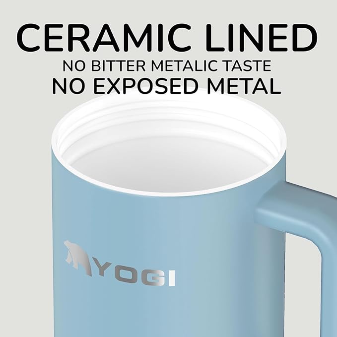 YOGI Ceramic Lined Metal Allergy Safe 24oz Tumbler with Handle and Straw Leakproof Flip & Sip Lid Vacuum Insulated Stainless Steel Travel Cup for Iced Coffee Water and All-Day Hydration 24oz Cielo