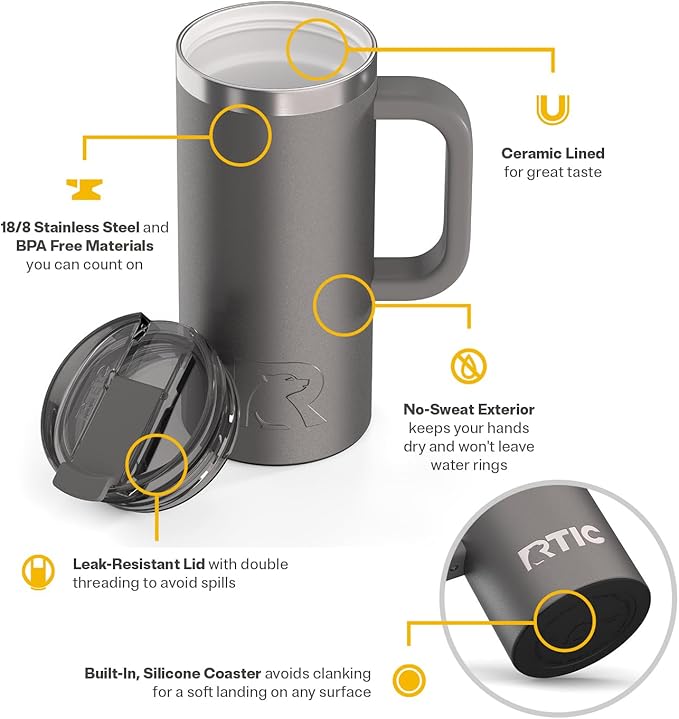 RTIC 16oz Road Trip Travel Mug with Lid and Handle, Ceramic Lined, Insulated, Stainless Steel, Metal, Double Wall Vacuum-Insulation, Portable Coffee, Tea Cup for Hot and Cold Drink, Graphite