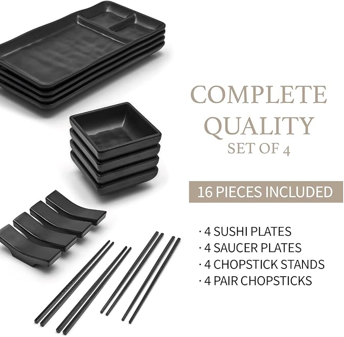 Sushi Serving Set, with 4 Japanese Sushi Serving Plate, 4 Soy Sauce Dish, 4 pairs of chopsticks and 4 chopsticks stands- Melamine Serving Set for Sushi (Black)