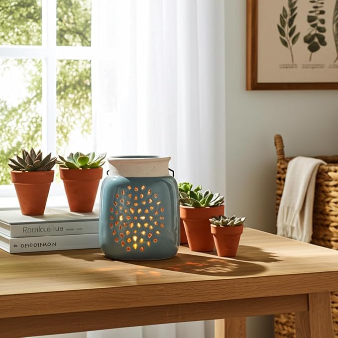 Sagebrook Home Ceramic Hurricane Lantern with Cutout Design - Stoneware Decorative Candle Holder for Home, Office & Living Room - Rustic Garden Accent - 6" Blue