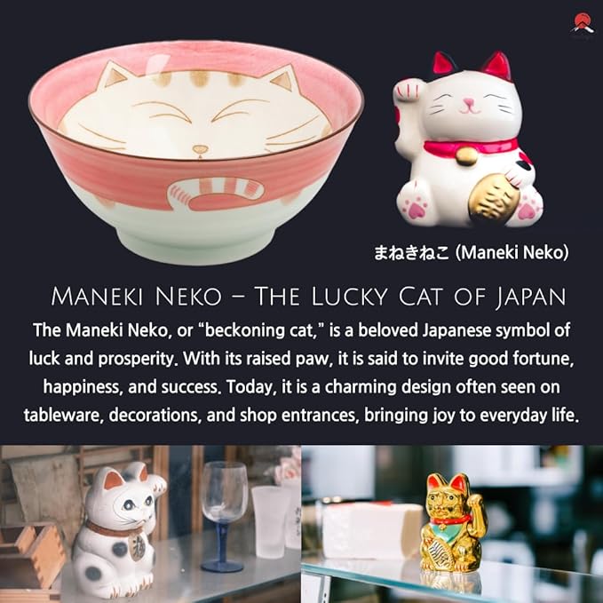 JapanBargain, Set of 4 Japanese Porcelain Bowls Serving Soup Rice Noodle Udon and Salad, Maneki Neko Smiling Cat Pattern, 18 fl.oz, 6-inch, Pink Color, Made in Japan