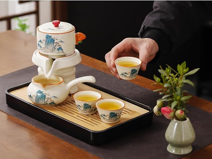 Semi Automatic Tea Set Magic Teapot with 6 cups Japanese Teapot Set,Chinese Gongfu Tea Set Ceramic Teapot with Infuser (Jiangshan-Automatic)