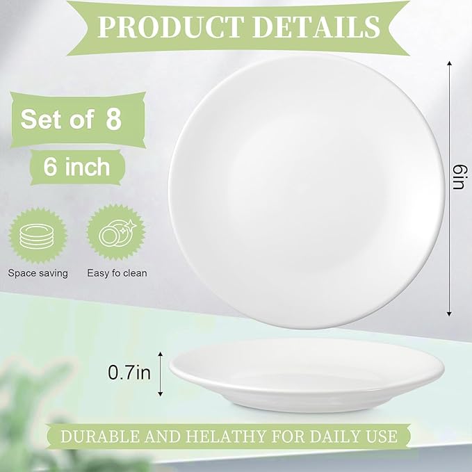 Ceramic Dessert Plates Set of 8, 6 Inch White Appetizer Plates, Round Small Plate for Cake Snacks, Porcelain Serving Plate for Appetizers, Microwave Oven and Dishwasher Safe (8 Pcs)