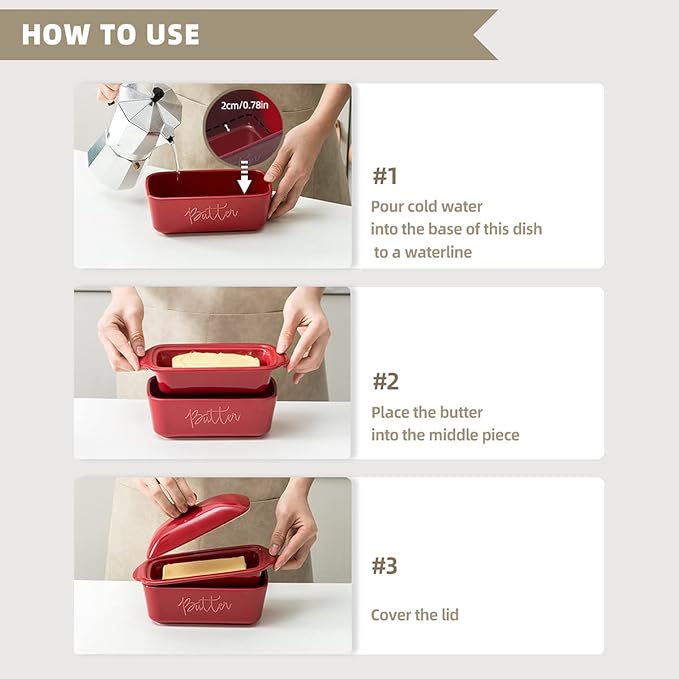 FE Butter Dish, 10 oz Ceramic Butter Keeper with Water Line, French Butter Dish with Lid for Countertop (Apple Red)