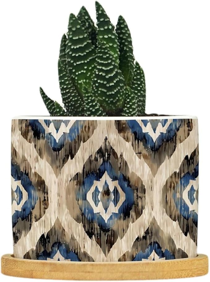 DreamAutumn Indigo Ikat Abstract Blue Ceramic Pots for Plants with Drainage Holes Round Flower Pot Bamboo Tray Orchid Pot Succulents Pots for Outdoor Indoor Plants,Housewarming Gifts