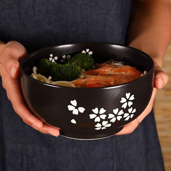 1 Set Japanese Style Ceramic Noodle Bowl with Cover and Spoon Soup Bowl for Ramen Soba Salad and Udon Easy to Clean Heat Preserving Design