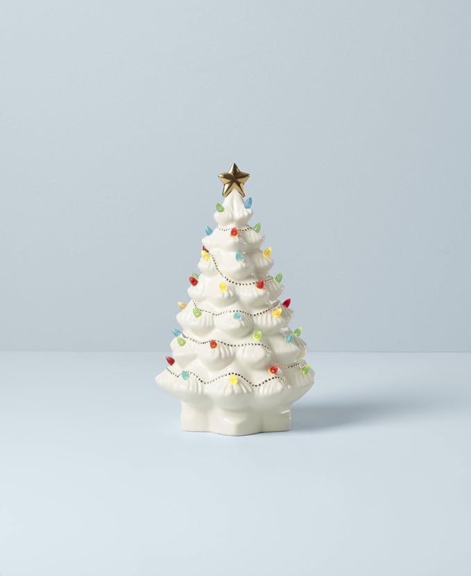 Lenox Figurine, Treasured Traditions Ivory Light-Up Ceramic Christmas Tree Figurine, Christmas Decorations, Holiday Winter Decor Indoor (Ivory, 1 Piece, 8.82-Inch Height) 3 AAA Batteries Not Included