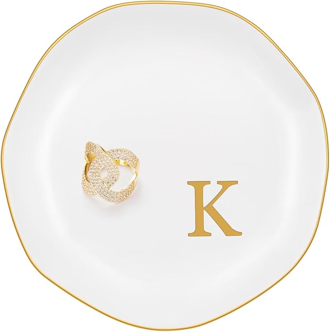 Ceramic Jewelry Tray, Personalized Initial Ring Dish, Elegant Trinket Tray for Rings Earrings Bracelet Necklaces, White Decorative Jewelry Holder for Women Vanity, 4.5 Inch, Letter K