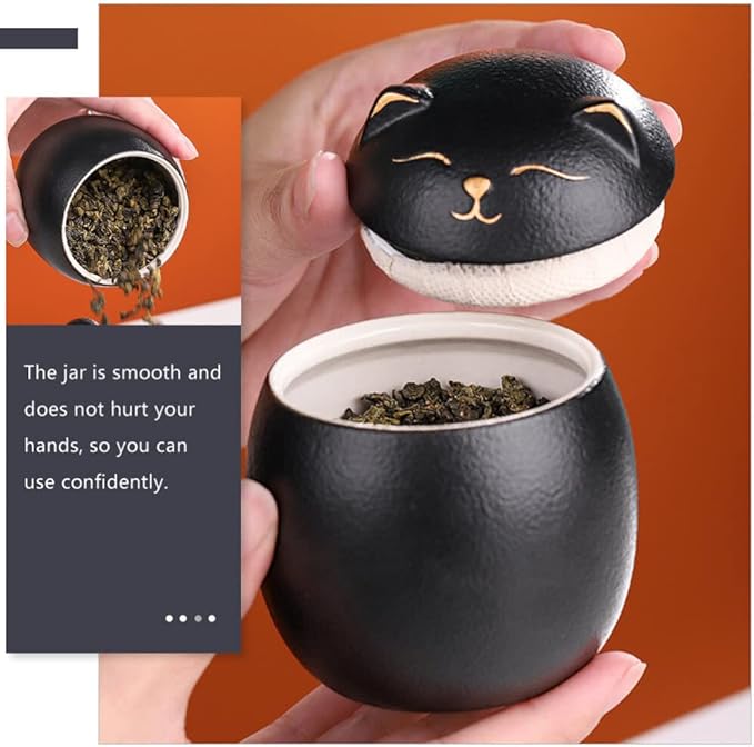 Angoily Ceramic Jar 160ml Food Storage Container Japanese Lucky Cat Maneki Canister Tea Jar With Lid for Coffee Candy Chocolate Sugar Spices Black Bulk Candy