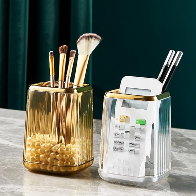 Makeup Brush Holder Organizer for Vanity, Acrylic Gold Make Up Brushes Holders Container Storage Cup with Striped Design for Bathroom Countertop, Pen Pencil Holder Cosmetic Cup for Desk