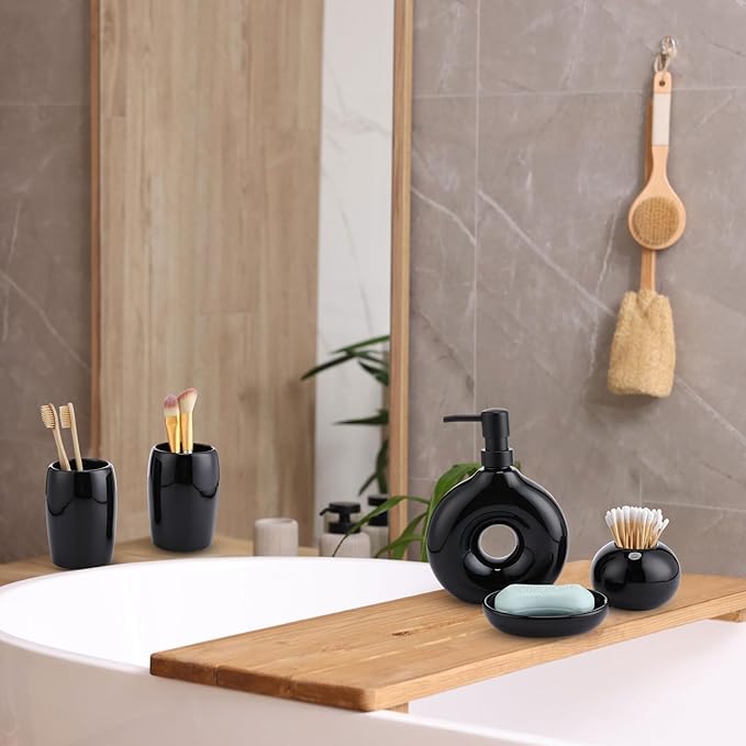 5 Pcs Ceramic Bathroom Accessories Set Includes Soap Dispenser Toothbrush Cup Holder Soapbox Holder Stylish Modern Bathroom Matte Glaze Decor (Black)