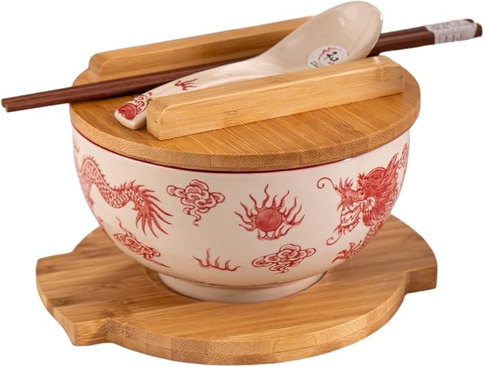 Urban Tokyo Japanese Kamameshi Style Ceramic Glazed Japanese Ramen Udon Pho Noodle Bowl With Spoon, Bamboo Lid, Chopsticks and Trivet 5 Piece Set (Red Dragon)