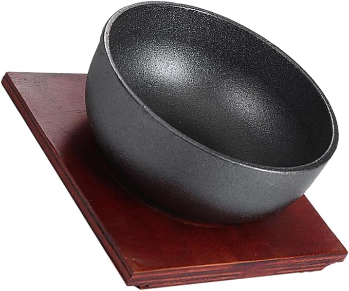 SUPVOX Cast Iron Bibimbap Bowl Set 15cm Korean Stone Pot Rice Bowl with Wooden Base Portable Reusable Korean Cuisine for Induction Cookers