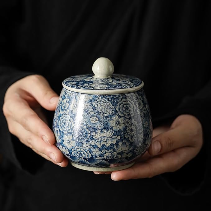 Vintage White and Blue Ceramic Portable Tea Caddy Tea Canister Tea Storage Container Tins Jar with Airtight Lid for Tea, Coffee, Herb, Sugar, Spice, Nuts, 9 OZ