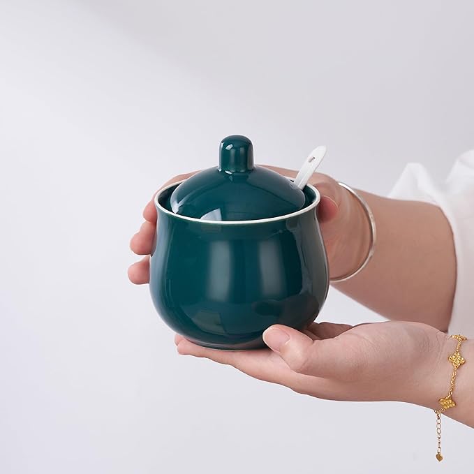 Ceramic Sugar Bowl with Lid and Spoon, Green Porcelain Sugar Salt Pepper Storage Jar, 12 Ounces
