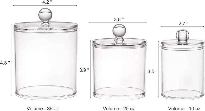 Tbestmax 10/20/36 Oz Cotton Swab/Ball/Pad Holder, Qtip Apothecary Jar Clear Bathroom Containers Dispenser Clear Lids for Storage 3 Set