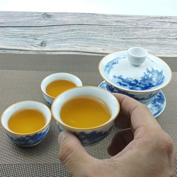 Chinese Handmade Kungfu Tea Cup 60 ml,Bone China Blue and White Tea Cups Set of 12,Ceramic Tea Mugs Without Handles,Best Gift（Landscapes）