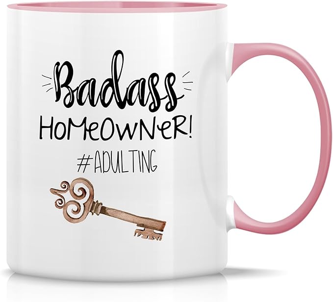 Retreez Funny Mug - Badass Homeowner Adulting Moved New House Gift Housewarming 11 Oz Ceramic Tea Coffee Mugs - Funny, Sarcasm, Sarcastic, birthday gifts - White Mug with Pink Handle and Inner