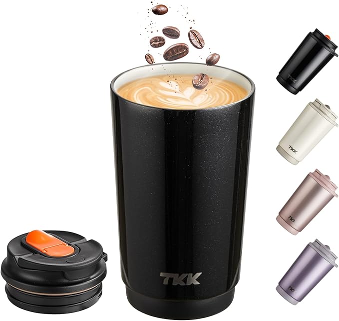 TKK Coffee Cup with Ceramic Coating - 14oz Insulated Stainless Steel Travel Mug, Leak-Proof Tumblers with Straw for Hot/Cold Beverages, Easy Wide Mouth Cleaning, Black