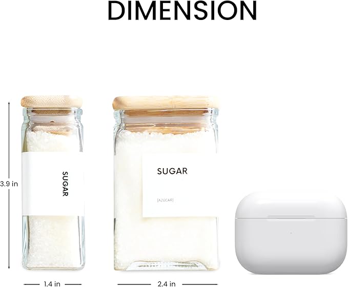 APT 1101 Glass Square Spice Jars with Labels, 4oz Glass Jars with Bamboo Lids, Spice Bottles, Seasoning Organizer, 12 Pack (White)