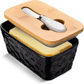 Butter Dish with Lid, Large Butter Dish for Countertop, Ceramic Butter Container with Knife Double Silicone Seal Unique Stone Butter Dishes with Covers for Farmhouse Kitchen Decor Home Decor Black