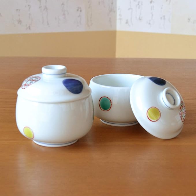 有田焼やきもの市場 Chawanmushi Cups with Lids set of 2 Japanese Chawan Mushi Arita Imari ware Made in Japan Maru-mon