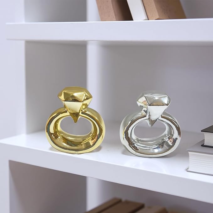 Zerzsy Set of 2 Statues Figurine Home Decor, Golden Modern Abstract Statue for Living Room Bedroom Shelves Wedding Decoration, Large Diamond Ring Love Decorative Sculpture-Gold & Silver