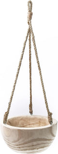 CYS EXCEL Meduim Wooden Hanging Planter Paulownia Wood Bowl Basket with Jute Rope for Indoor Plants Succulents