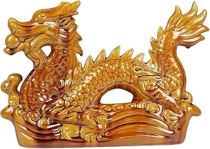 Animal Ornament Sculpture Ceramic Zodiac Dragon Sculpture Asian Feng Shui Ornaments Symbolize Power and Nobility Earthy Yellow