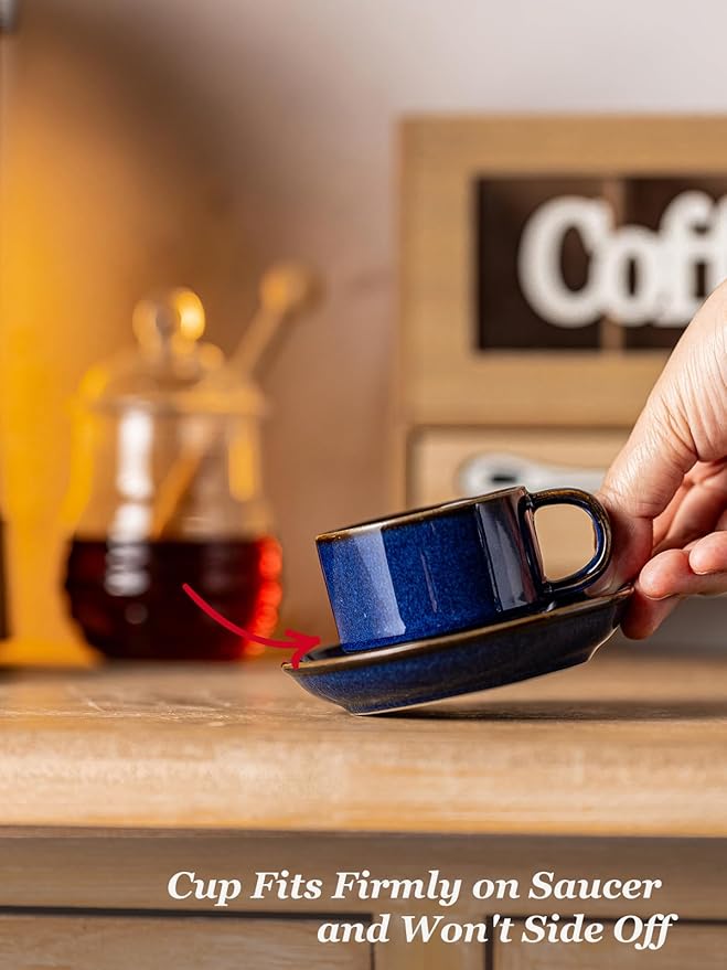 Gomakren 2.5 Ounce Espresso Cups Set of 4, Small Stackable Coffee Cups with Saucers and Metal Stand, Valentine Porcelain Demitasse Cups for Specialty Coffee Drinks, Espresso, Cappuccino, Cobalt Blue