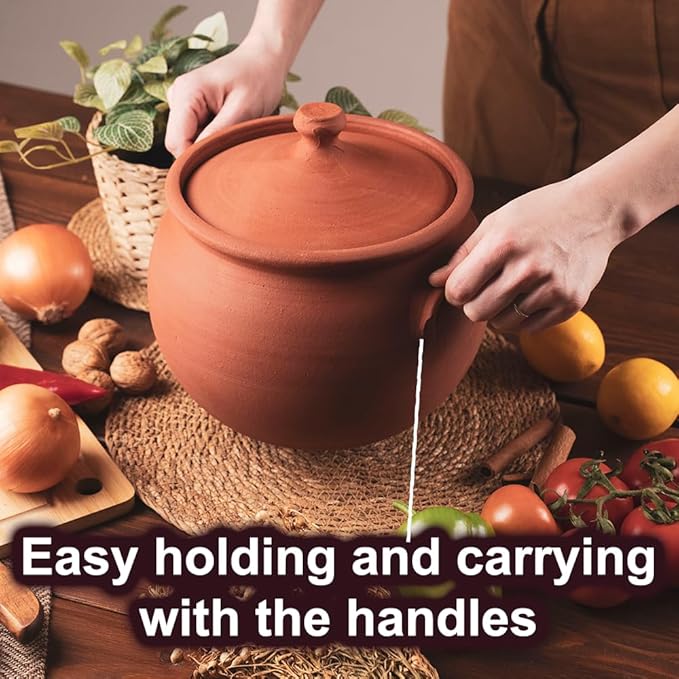 Earthenware Clay Mud Eathern Terracotta Cooking Pot Pottery Cazuela Cookware with Lid Natural Stovetop Stove Top Stone Stew Rice Unglazed Mexican Indian Kitchen Oven Terra Cotta Handcrafted Traditional Healthy (5.2 Quarts - Size2)