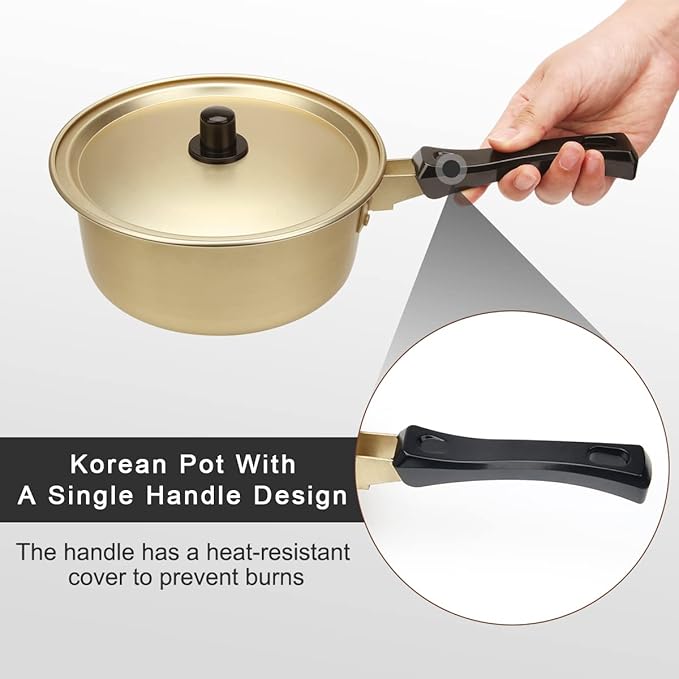 Korean Ramen Cooking Pot, AHIER Korean Ramen Noodle Pot With Lid, Spoon and Chopsticks (1pair), Fast Heating for Kitchen Cookware (Single Handle)